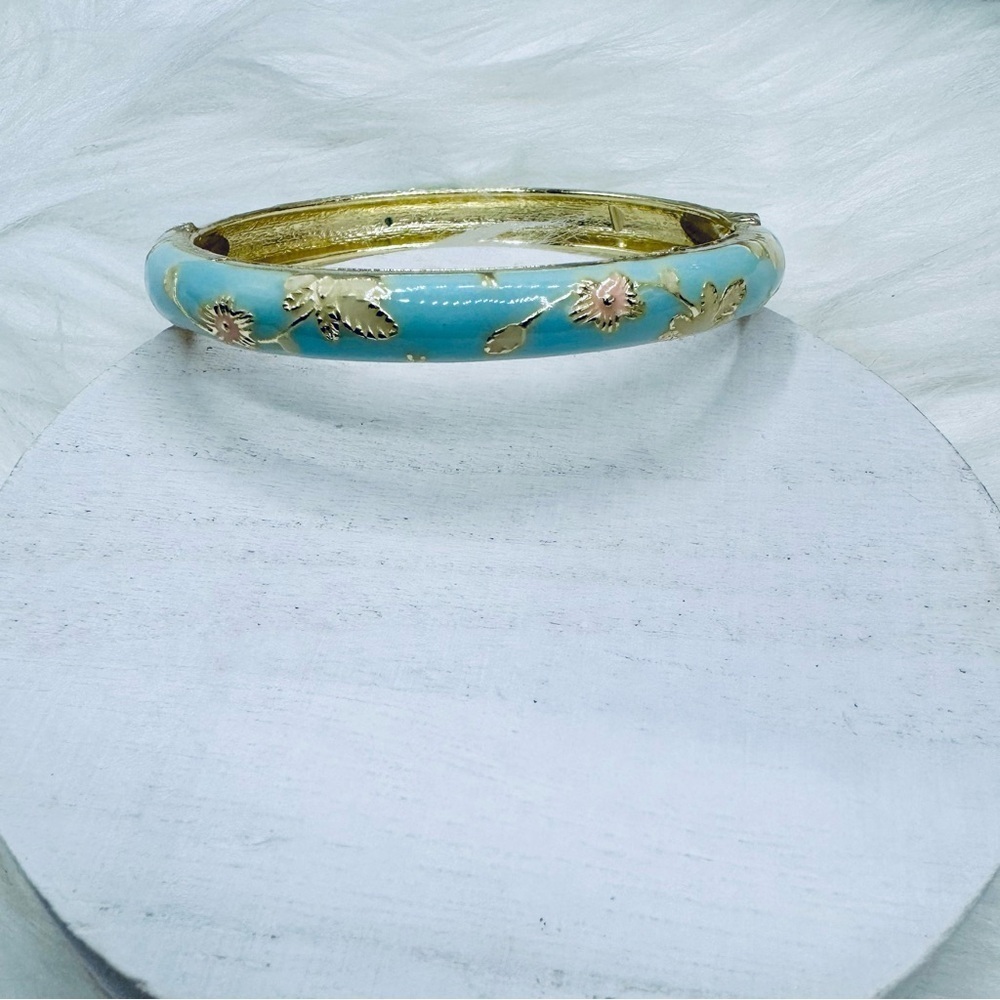 Blue Bangle w/ pink Flower Enamel Cloisonne Bracelet Bangle